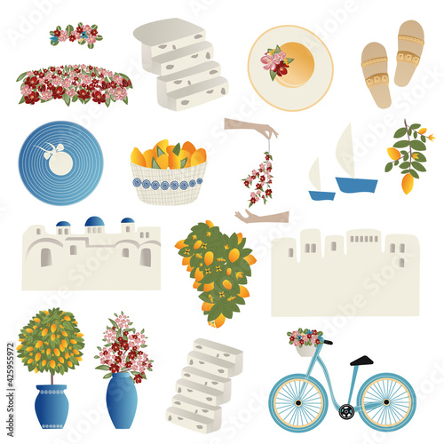 Clipart, set of vector illustrations summer travel concept. Abstract place, fruits, flowers and travel items. Travel Vector illustrations and design