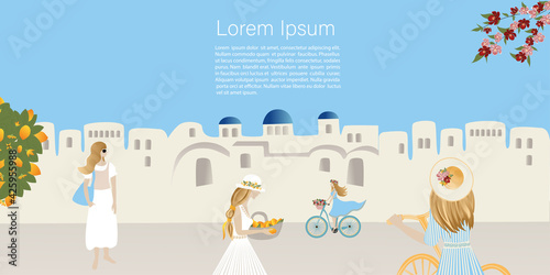 Travel concept. Girls  tourists in the old town on the coast abstract place, village  in Santorini, Spain, Greece and Italy. Banner, template for a website with text. Travel Vector illustrations 