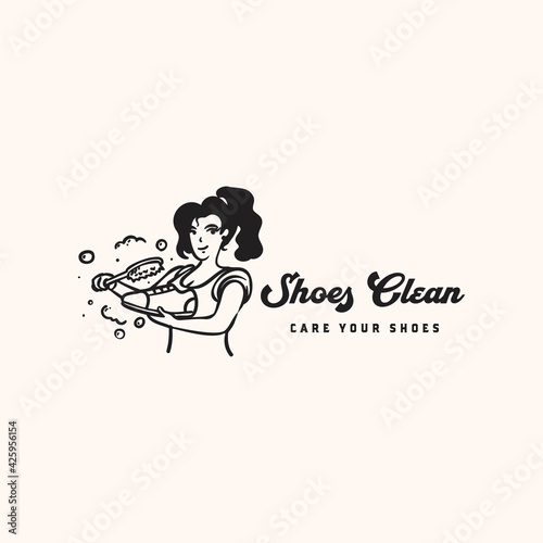 Shoes care and wash retro character mascot logo design template