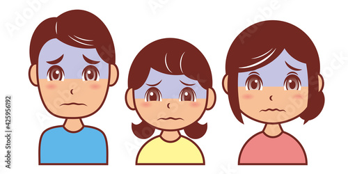 困り顔の3人家族（上半身・父、母、娘）