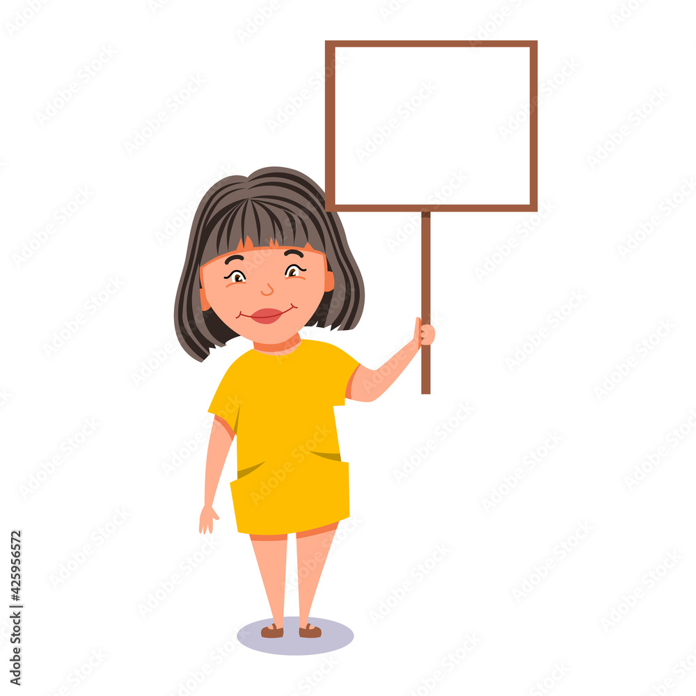 A dark-haired girl holds a sign with the text. Empty space for entries. A dark-haired girl holds a sign with the text. Empty space for entries.