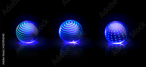 Energy bubble shields, protection force fields. Vector realistic set of safety power barrier, magic glass sphere with blue pattern and glow isolated on black background