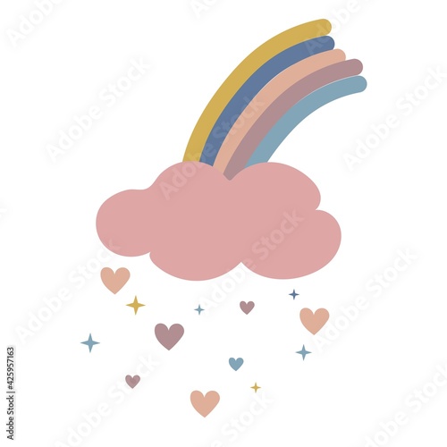 Cute baby boho rainbow with clouds, rain and hearts in scandinavian style, lovely decoration isolated on white background. Pastel colors, baby shower, nursery. 