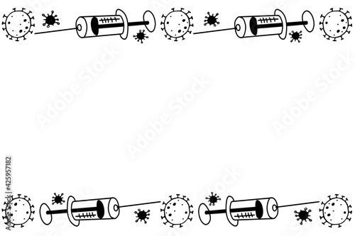 Vector frame, border on theme of vaccination. Contour molecules, coronavirus cells and a vaccine syringes. Horizontal top and bottom edging, decoration, background for medical design in doodle style