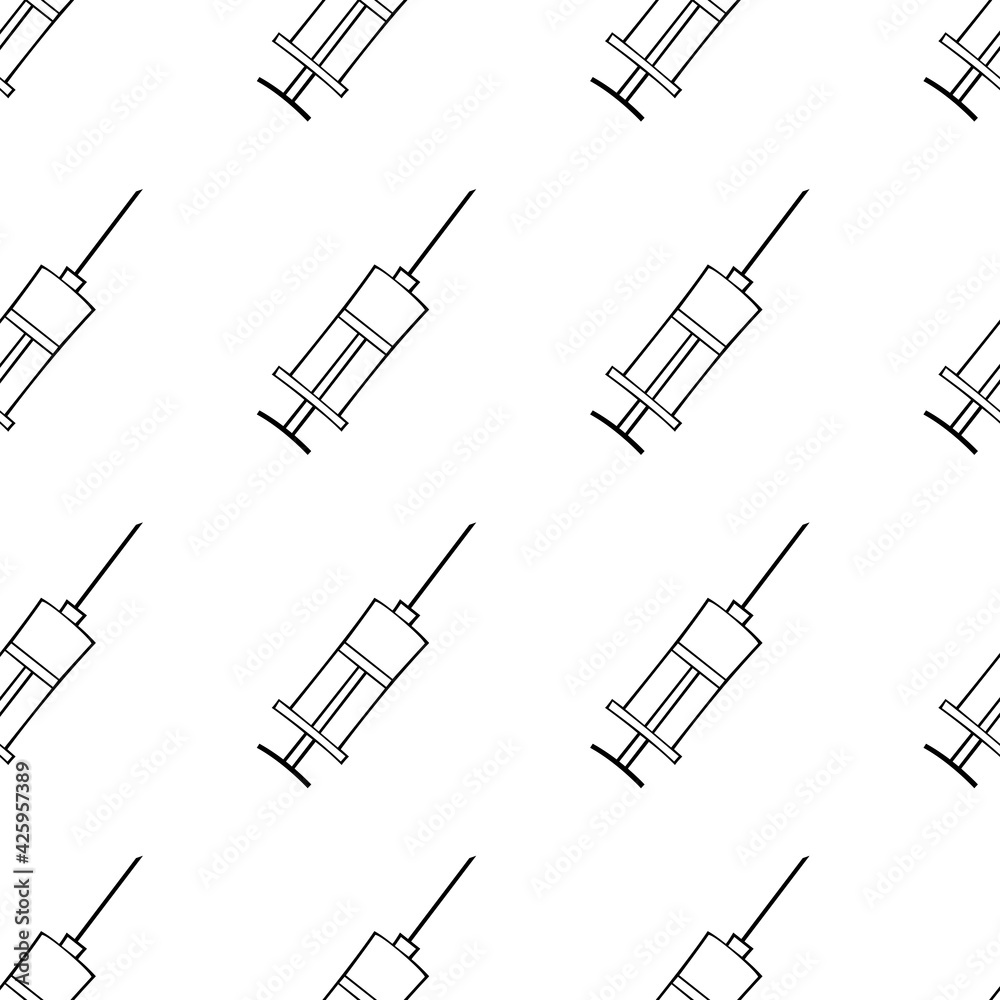 Obraz premium Vector seamless pattern with contour syringes. Hand drawn black outline doodle isolated. Medical background and texture. Equipment, vaccine to treat and protect against virus and vaccination