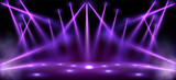 Stage lights, spotlight beams with smoke, glowing studio or theater scene lamp rays on black background. Purple illumination on floor and ceiling for concert or show presentation, Realistic 3d vector