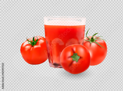 a glass of tomato juice, tomato set. Collection of red tomatoes.Photorealistic vector images isolated on white background.