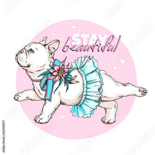 Cute french bulldog ballerina sketch. Dog in ballet tutu. Vector illustration in hand-drawn style. Stay beautiful illustration. Image for printing on any surface