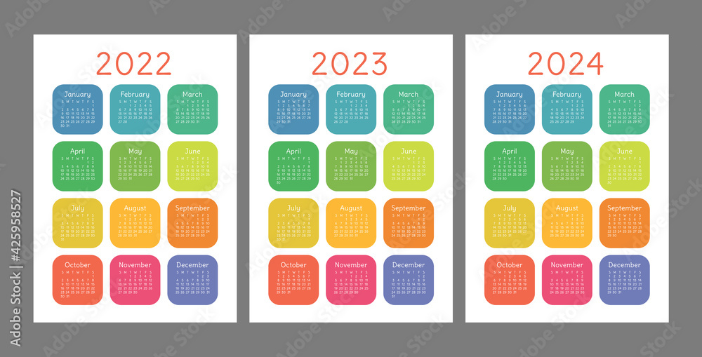 Pocket calendar 2022, 2023 and 2024 years. Portrait orientation. English colorful vector set