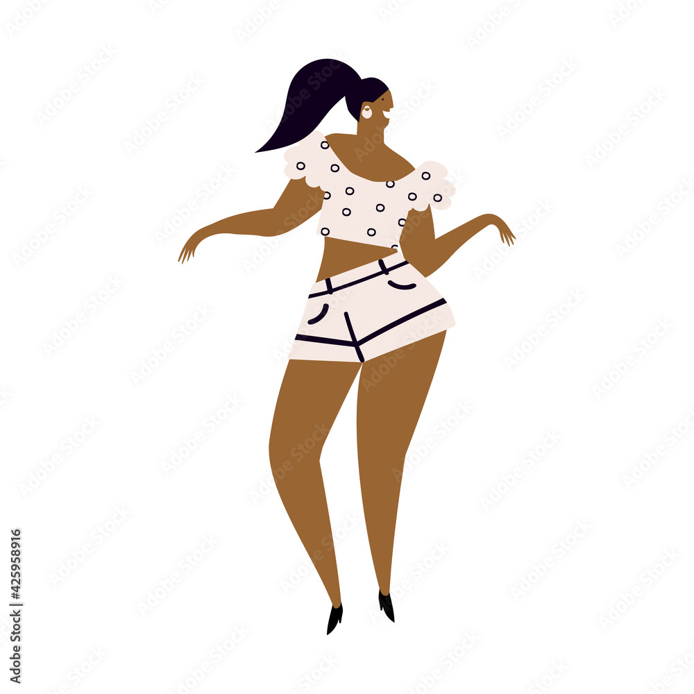 Vector hand drawn illustration of latino dark skin woman dancing merengue. Isolated on white background. Vector hand drawn illustration of latino dark skin woman dancing merengue. Isolated on white background.