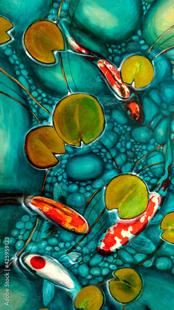 desktop wallpaper, goldfish in the lake, oil painting