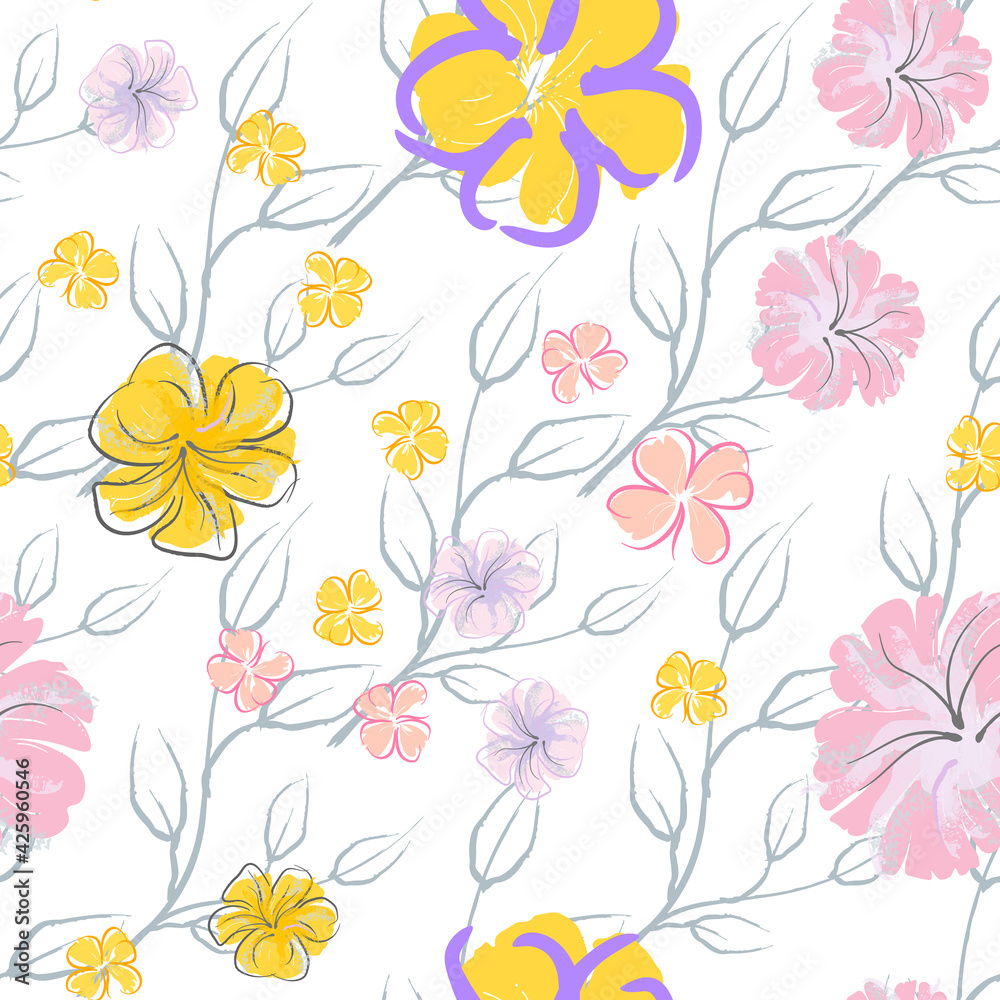 Pink Flowers Blooming Pattern. Pastel Watercolor. Pink Flowers Blooming Pattern. Pastel Watercolor.