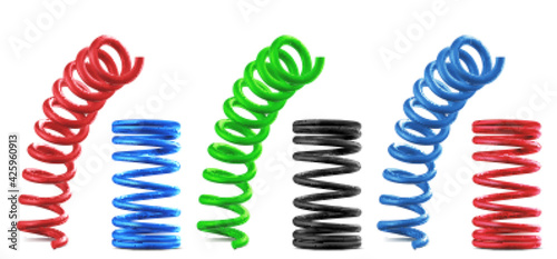 Metal springs, realistic colorful coils isolated set. Flexible spiral parts, bouncing and compressed red, blue, green and black industrial or mechanic garage objects, 3d vector illustration, clip art