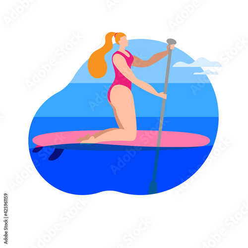 A girl in a swimsuit with a paddle stands on a surfboard. Vector icon in a flat style on the theme of surfing.