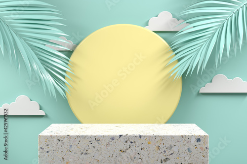 Minimal Mockup Podium Terrazzo With Palm Leaf On Mint Pastel Abstract Background 3d Render photo
