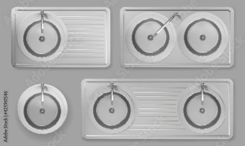 Stainless kitchen sinks with taps in top view. Vector realistic set of empty round steel wash bowls with faucets, drain and utensil drainer. 3d double metal sinks isolated on gray background