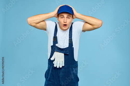 Working man uniform delivery service blue background
