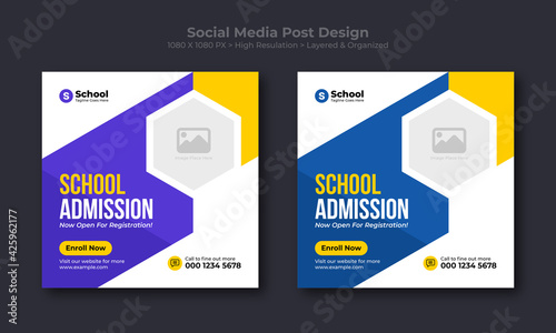 School admission social media post design template. Back to school online marketing banner layout.