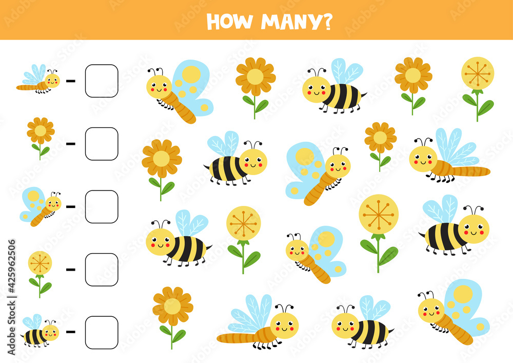 Counting game with cute insects. Math worksheet.
