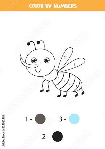 Color cute gnat by numbers. Worksheet for kids.