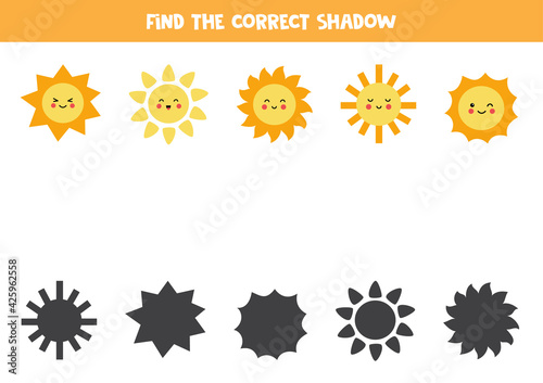 Find the correct shadow of cute suns. Logical puzzle for kids.