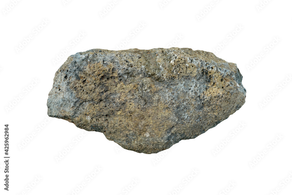 Raw porous stone isolated on white background. Basalt is a dark-colored, fine-grained, igneous rock composed mainly of plagioclase and pyroxene minerals.