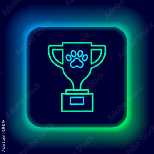 Glowing neon line Pet award symbol icon isolated on black background. Medal with dog footprint as pets exhibition winner concept. Colorful outline concept. Vector
