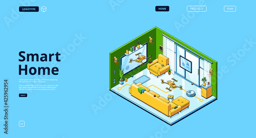 Smart home isometric landing page, internet of things concept. Room with iot appliances vacuum cleaner, video camera, temperature and security control, tv, quadcopter, 3d vector line art web banner