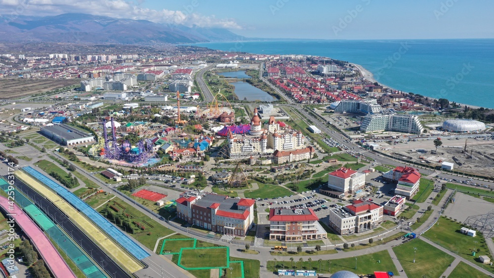 Sochi Olympic and Theme Park aerial panoramic view. Park was constructed for the 2014 Winter Olympics and Paralympics.