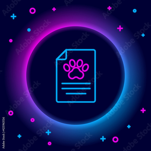 Glowing neon line Clipboard with medical clinical record pet icon isolated on black background. Health insurance form. Medical check marks report. Colorful outline concept. Vector