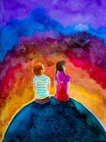 Boy and girl in space, watercolor drawing