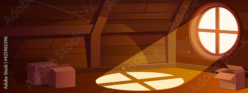 House attic interior, empty old mansard room with round window and carton boxes. Spacious place with spider web on roof with beams, wood floor, architecture, dwelling. Cartoon vector illustration
