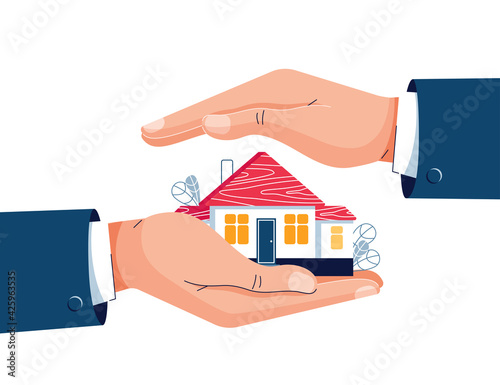 Protect your home vector illustration. Businessman's hands are covering property. Real estate, housing, mortgage insurance, house protection, home safety security business service concept. Flat style