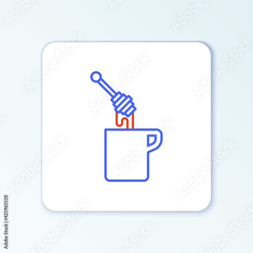 Line Honey dipper stick with dripping honey icon isolated on white background. Honey ladle. Colorful outline concept. Vector