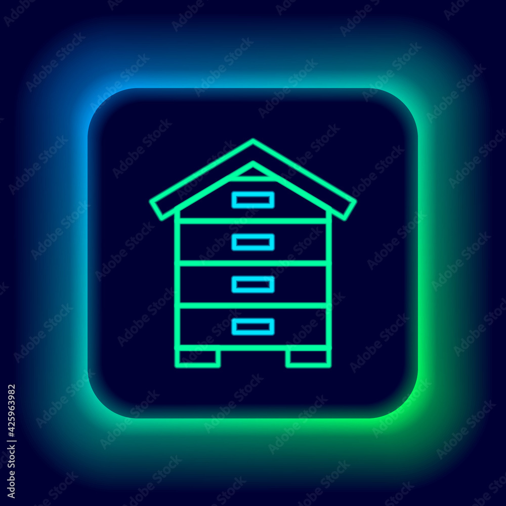 Glowing neon line Hive for bees icon isolated on black background. Beehive symbol. Apiary and beekeeping. Sweet natural food. Colorful outline concept. Vector Glowing neon line Hive for bees icon isolated on black background. Beehive symbol. Apiary and beekeeping. Sweet natural food. Colorful outline concept. Vector