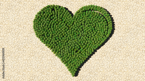 Concept or conceptual group of green forest tree on dry ground background as sign of heart. A 3d illustration metaphor for love, romance, valentine's day, happiness, wedding, health or care