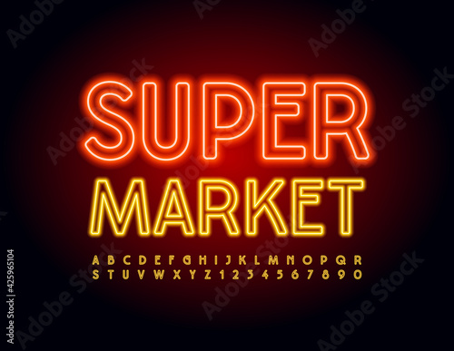 Vector Neon Banner Super Market. Yellow Glow Font. Electric Alphabet Letters and Numbers
