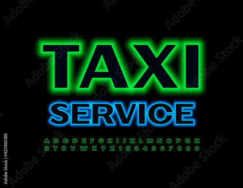 Vector modern logo Taxi Service with Neon Alphabet Letters and Numbers set. Green Glowing Font