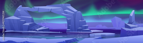Arctic aurora borealis at North Pole landscape with ice glaciers on frozen ocean. Arctic or Polar lights natural phenomena, iridescent glowing illumination on night sky, Cartoon vector illustration
