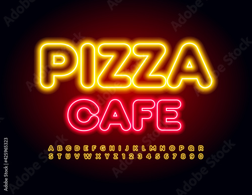 Vector neon emblem Pizza Cafe. Bright Yellow Font. Electric light Alphabet Letters and Numbers set