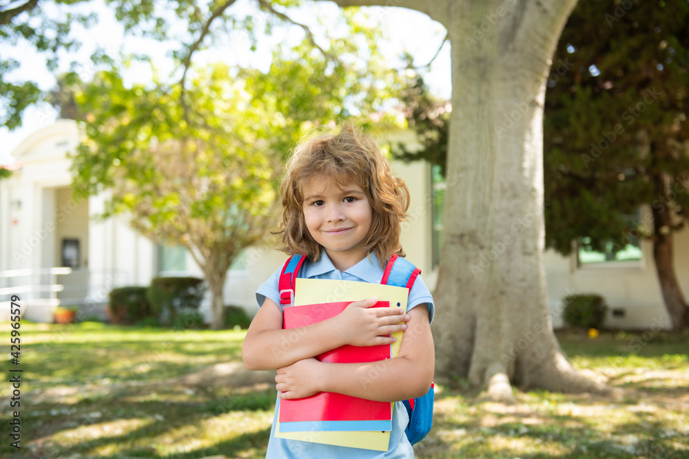 Pupil of primary school with book in hand. Portrait of the cute boy who is going to school with his school backpack. Beginning of lessons. Pupil of primary school with book in hand. Portrait of the cute boy who is going to school with his school backpack. Beginning of lessons.