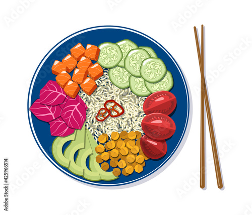 Poke bowl with vegetables, rice and salmon in cartoon style. Top view of plate with Asian food isolated on white background. Vector illustration