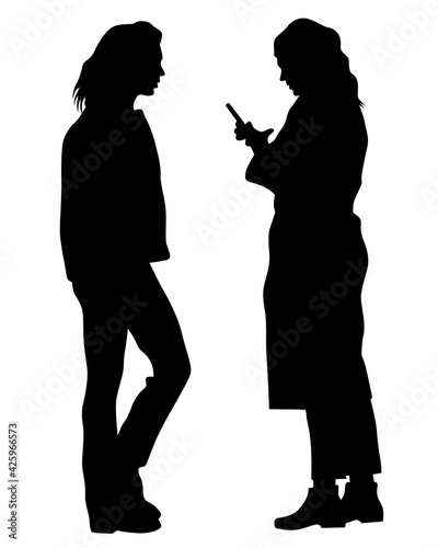 Young woman holds a smartphone in her hand. Isolated silhouettes of people on a white background