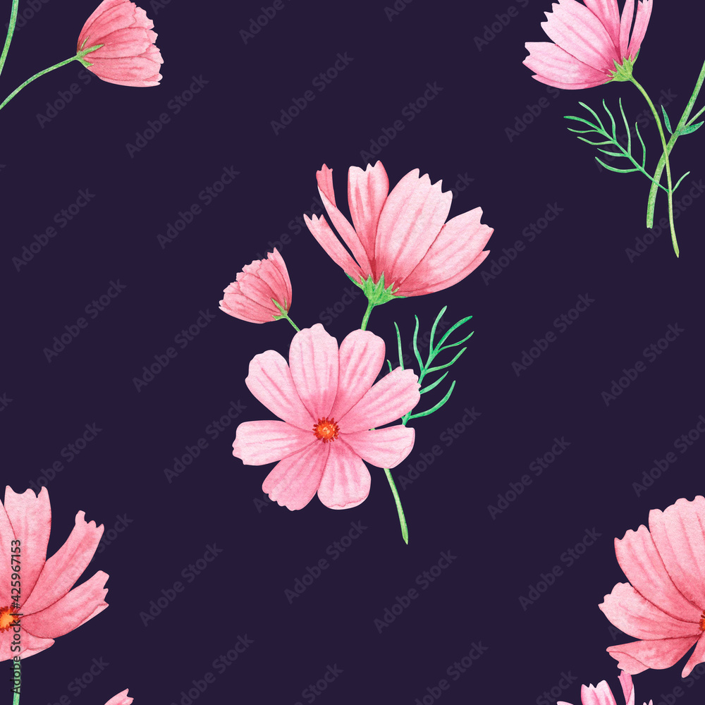 Watercolor seamless pattern with summer pink flowers on a dark purple background, hand-drawn. For textile, greeting card, wrapping paper, wedding invitations.