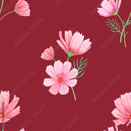 Watercolor seamless pattern with summer pink flowers on a red background, hand-drawn. For textile, greeting card, wrapping paper, wedding invitations.