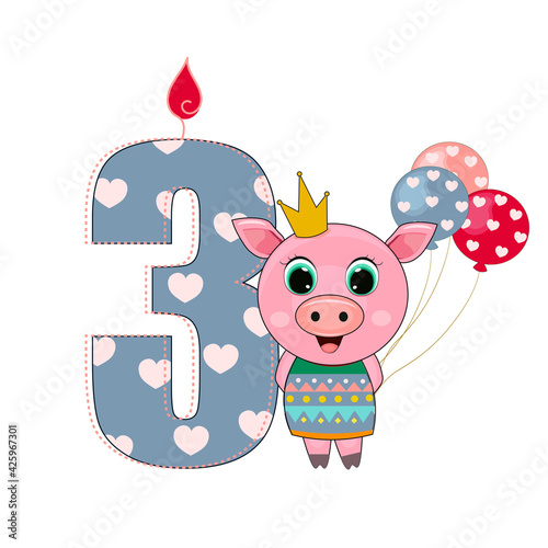Cute baby princess little pig with number three. Vector illustration for baby shower, greeting card, party invitation, fashion clothes t-shirt print. Happy Birthday concept