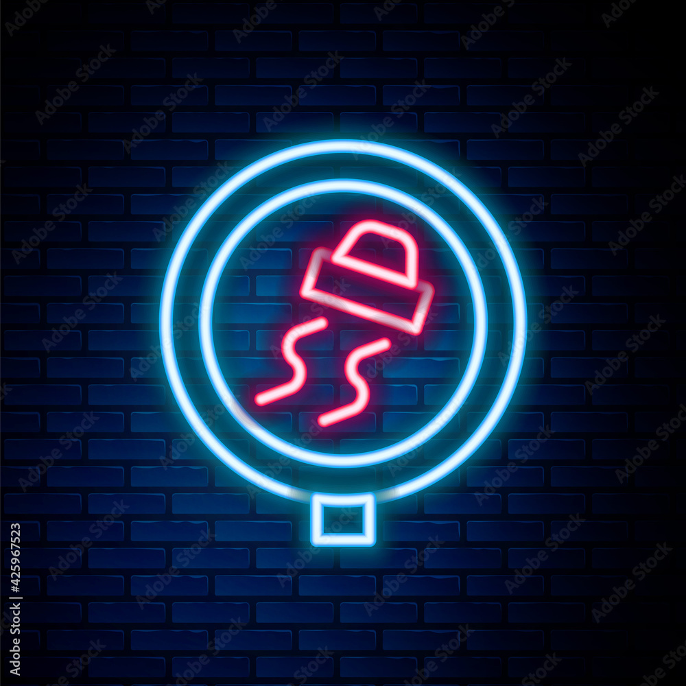 Glowing neon line Slippery road traffic warning icon isolated on brick wall background. Traffic rules and safe driving. Colorful outline concept. Vector Glowing neon line Slippery road traffic warning icon isolated on brick wall background. Traffic rules and safe driving. Colorful outline concept. Vector