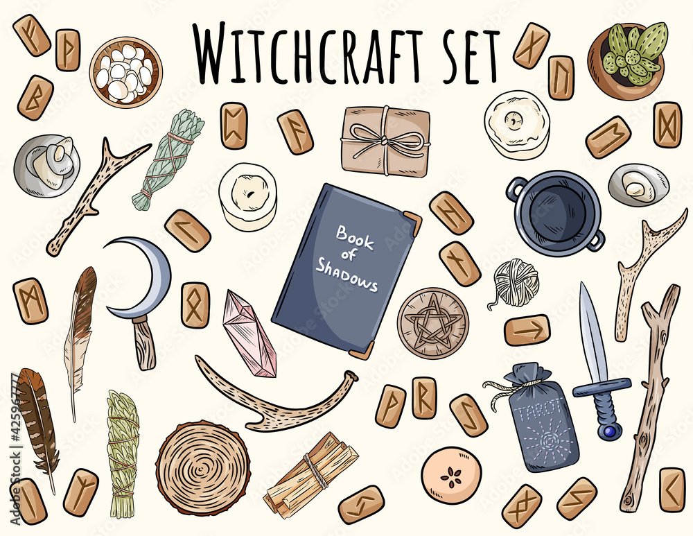 Witchcraft set. Collection of wiccan magical items doodles for occult rituals. Hand drawn pagan elements collection. Occult altar symbols, cauldron, pentacle, athame, boline, candles Witchcraft set. Collection of wiccan magical items doodles for occult rituals. Hand drawn pagan elements collection. Occult altar symbols, cauldron, pentacle, athame, boline, candles