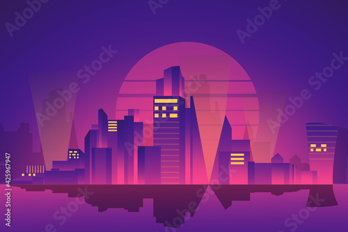 Retro City Night Background Vector