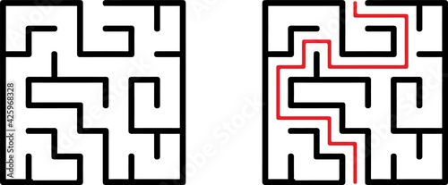 Vector labyrinth. Maze or Labyrinth. Vector illustration.Education logic game labyrinth for kids. Find right way. Isolated simple square maze black line on white background. With the solution